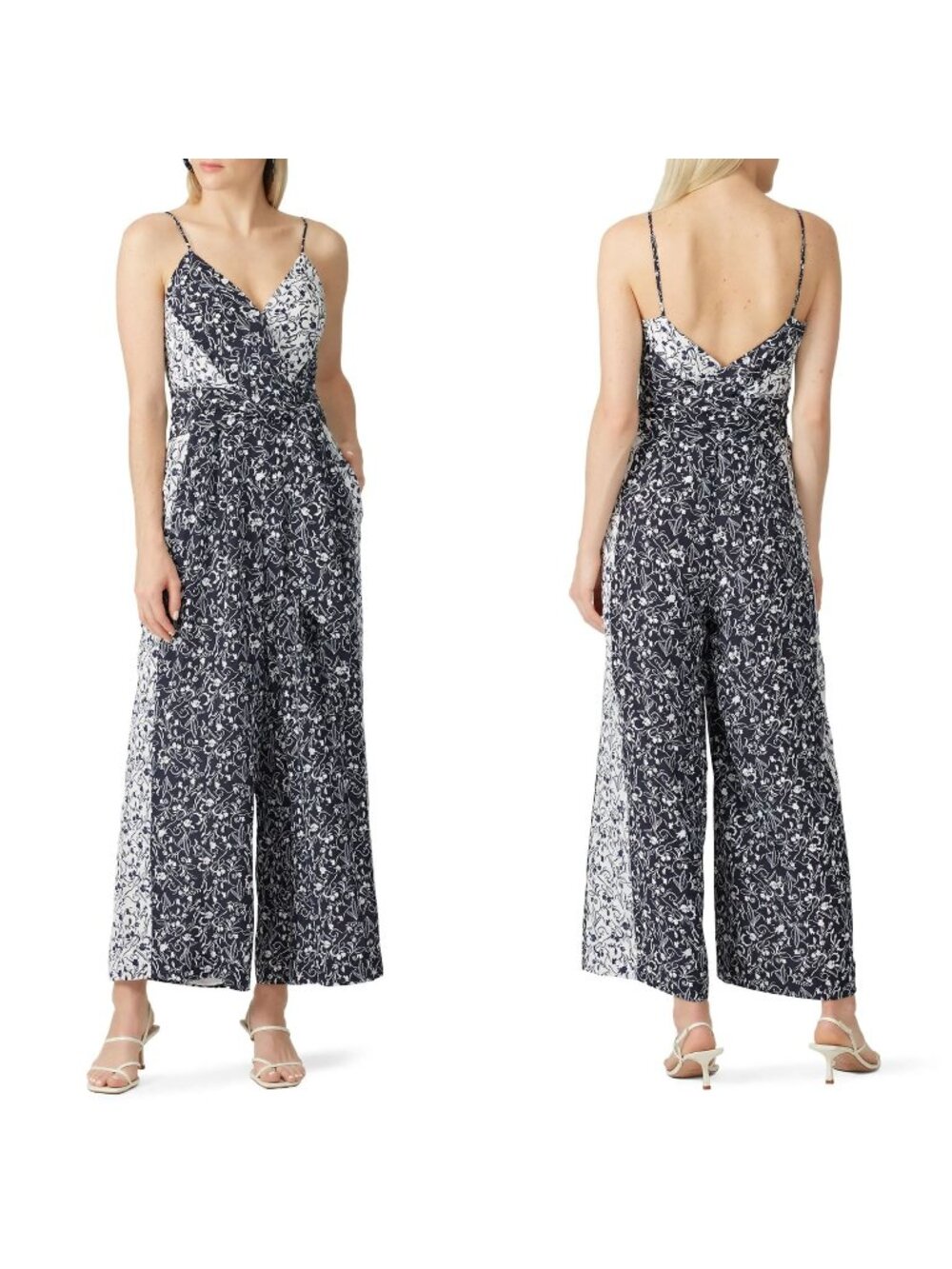 Tanya Taylor Size 12 Blue White Floral Silk Wide Leg Jumpsuit Priscilla
